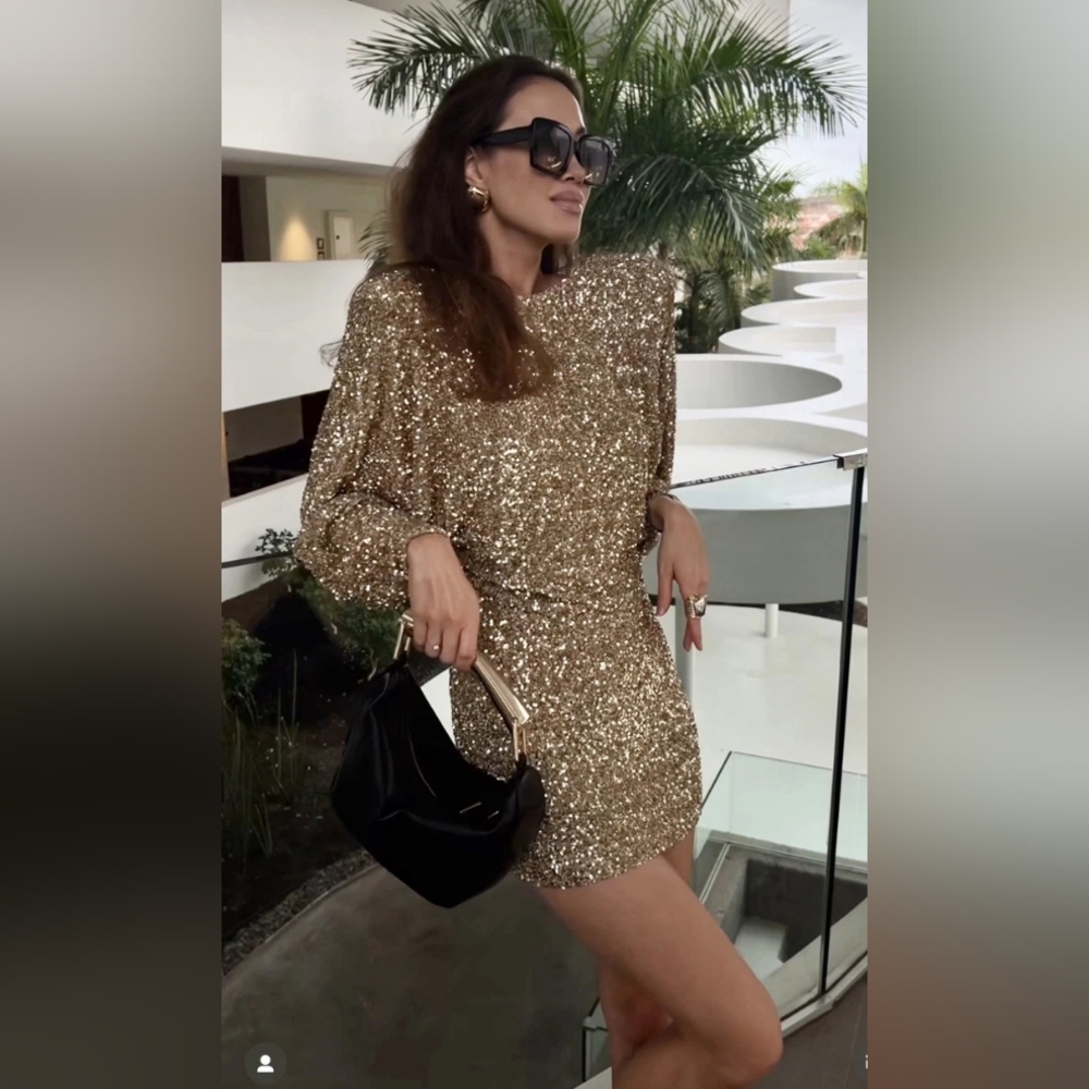 Zara Gold Sequin Long-Sleeve Mini Dress